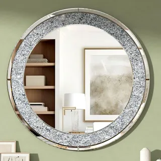 SHYFOY Spiegel Rund, 80x80 cm Dekorative Wandspiegel Rund mit Luxuriösen Kristalldiamanten, Silber Großer Spiegel für, Flur, Badezimmer, Waschtisch, Wohnzimmer, Schlafzimmer, Eingang Wanddekoration