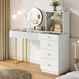 Merax Schminktisch mit LED-Beleuchtungsspiegel, 5 Schubladen, Schrank mit Glastür, gehärtete Glasplatte, modern Kosmetiktisch, Weiß - Weiß