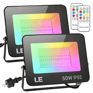 LE 50W LED Strahler RGB mit RF-Fernbedienung, 2er Wasserdicht LED Fluter mit Memory-Funktion, Dimmbar Farbwechsel Außenstrahler, IP65 Farbig Außenlampe, Bunt Flutlicht für Garten, Party Deko, Hotel