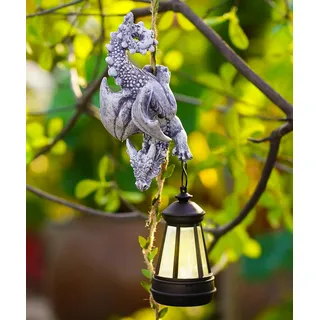 Hängend Drachen Figuren mit Solarlampen Gartendeko für Draußen Geschenke | Lustige Drachenfigur Deko, Geschenk für Frauen/Männer/Mama, Wetterfest Garten Terrasse Balkon Deko Außen Zubehör Grau