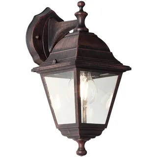 Lightbox Vintage Außen Wandlampe mit Glas Regenschutz - hängend - rostfarbene Outdoor Wandleuchte für den Hauseingang - 31 x 14 x 19 cm - E27, max. 60 W - aus Metall/Glas