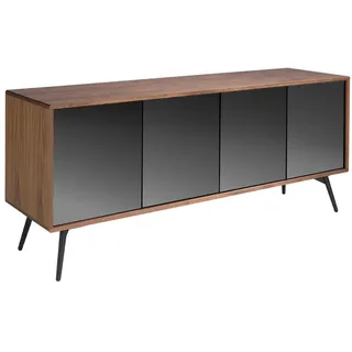 Angel Cerda Sideboard Sideboard aus schwarzem Glas mit Spiegeleffekt, Walnuss und schwarzem Stahl 180/50/76 cm , Walnussfarben, Schwarz , Holz , 180x76x50 cm , Kleinmöbel, Kommoden, Sideboards