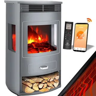KESSER Prio Elektrokamin Heizung Heizlüfter Fernbedienung WiFi App 950/1900 W Kamin elektrisch LED-Flammeneffekt Kaminfeuer Elektro Thermostat Panorama-Sichtfenster Heizfunktion Timer,Grau,Xtra-Large
