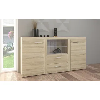 FURNIX Sideboard RIVAY Esszimmer, Wohnzimmer Kommode mit 2 Schubladen und Glasvitrine klassisch, pflegeleicht Eiche Sonoma - Braun