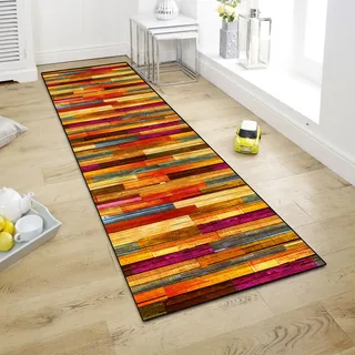 WTHYGB Teppich Läufer Flur Teppichläufer Küchenläufer Küche Teppiche rutschfest Waschbar Bettvorleger für Flur Waschküche, 60x250cm Rot Holzmaserung