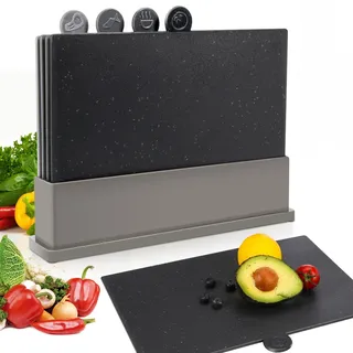 MASTERTOP Index Schneidebretter Set, 4er Schneidebrett Kunststoff Set mit Ständer, Groß Küchenbrett Schneidebretter Frühstücksbrettchen für Obst Heißes Fleisch Fisch Send 1 Schere