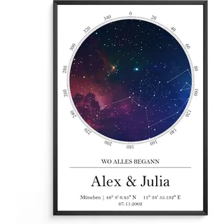 Tigerlino Personalisierte Sternenhimmel Poster – Sternkarte mit Datum & Ort Koordinaten – Wo alles begann Geschenk für Paare, Hochzeit, Jahrestag, Liebe Sternbilder Astronomie Hochzeitstag