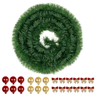 Weihnachtsgirlande 5m mit Weihnachtskugeln, Grün Weihnachtsdeko, Weihnachten Deko Girlande, Tannengirlande für Kamine, Treppen, Christmas Rattan