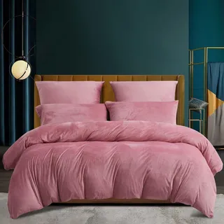 Bettwäsche Set 4-teilig 135x200 cm Rosa Thermofleece Kuschelig Warm Reißverschluss