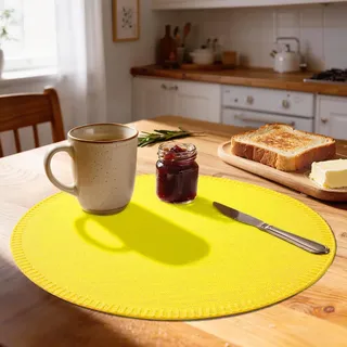 Rinpon Runde Tischsets aus Stoff, rustikales Leinengewebe, maschinenwaschbar, hitzebeständig, knitterfrei, Dickes Polyester, Küchen-Tischsets für den Esstisch (Gelb, 8 Stück)