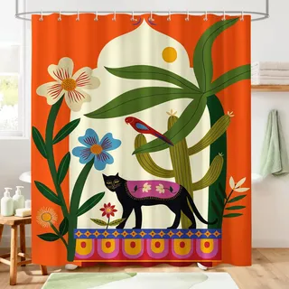 Hopomoon Duschvorhang 180x180 cm Boho Katze Design, Anti-Schimmel & Wasserdicht, Textil Stoff Badevorhang mit 12 Ringen, Exotisch Orientalisch Dekoration für Badewanne & Dusche, Bunt Waschbar