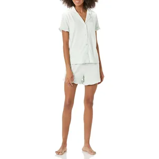 Amazon Essentials Damen Schlafanzug-Set aus Baumwoll-Modal mit Paspelierung und Kerbkragen, Bequeme Loungewear (Erhältlich in Übergröße), Jadegrün, XL