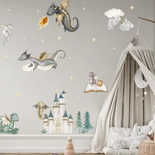 WANDKIND Drachen Welt Wandtattoo Kinderzimmer V371 | handgezeichnet | AUFKLEBER Kindergarten | Babyzimmer Wandsticker Wanddeko Dekoration Schloss Burg Drache Dragon (50 x 50 cm)