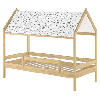 Holzbett mit Himmel u.Fallschutz Hausbett Kinderhaus 90x200 Bett Kiefer mass. weiteres Zubehör wählbar V-60.58-09 Federleisten - Naturbelassen
