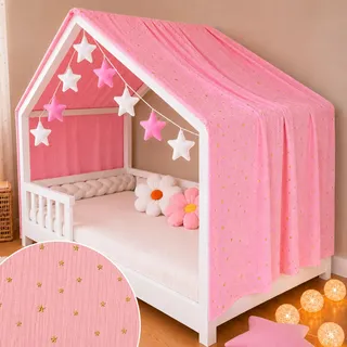YellowNest Hausbett Himmel - 100% Baumwolle - Betthimmel Hausbett aus Musselin für Bett 70x140 cm & 80x160 cm - Mit Wimpelkette Kinderzimmer Stern (Rose Wimpelkette Stern, 130 x 320 cm)