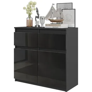 Kommode Noah – Anthrazit / Schwarz Hochglanz, 2 Schubladen, 2 Türen, 2 Einlegeböden, 80 cm – Sideboard für das Wohnzimmer - Grau