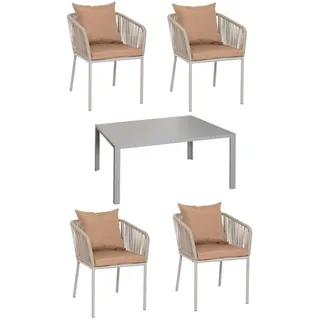 MCW Gartengarnitur MCW-N41, Tisch+4xStuhl, wetterfest Alu 140x80cm, Seilgeflecht Rope ~ Balkontisch, N41-4 (140 cm)