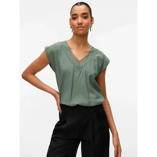 Spitzentop VERO MODA "VMSAFA SL V-NECK LACE TOP WVN GA NOOS", Damen, Gr. L, grün (laurel wreath), Web, Obermaterial: 85% Viskose, 15% Nylon, unifarben, loose fit taillenbedeckt, V-Ausschnitt, Tops Spitzentop