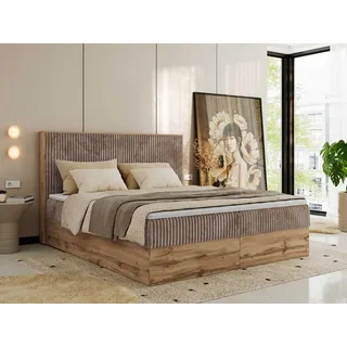 MKS Meble Boxspringbett WOOD CLASSIC, Komplett Set mit Multipocket-Matratze und Topper, Doppelbett für Schlafzimmer, hohe Kopfteil - 200 x 200 cm - H4 - Braun Cord - Braun