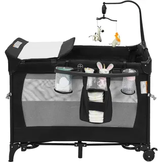5-in-1 Babybett, Reisebett faltbar mit Rollen, Beistellbett Baby mit Matratze & Wickeltisch, Spieluhr & Hängespielzeug, 2 Ebenen Kinderbett, Stubenwagen mit Reisetasche, für Baby bis 15 kg (Schwarz)