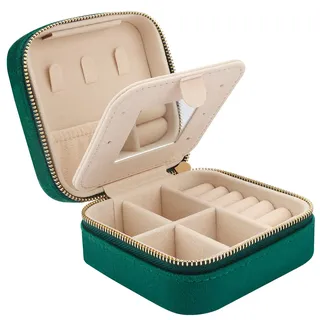 Casiwaft Kleines Reise Schmuckkästchen Samt mit Spiegel, Kleine Schmuckkästchen Organizer für Mädchen Frauen, Mini Schmuck Organizer Aufbewahrung für Ringe Ohrringe Halskette Armbänder, Dunkelgrün