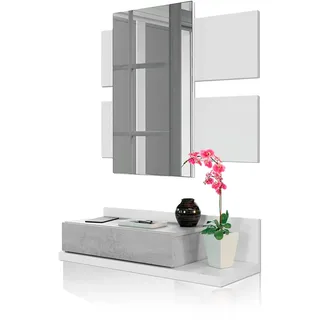 Habitdesign Flur mit Schublade und Spiegel, Eingangsschrank, Modell Tekkan, Ausführung in Artik Weiß und Zement, Maße: 75 cm (Breite) x 116 cm (Höhe) x 29 cm (Tiefe)