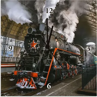ARTland Wanduhr auf Alu Funkuhr - schwarzer Zeiger Sowjetische Dampflokomotive Größe: 30x30 cm - Ocker