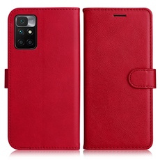 DENDICO Hülle für Xiaomi Redmi 10 / Redmi 10 Prime, PU Leder Brieftasche Handyhülle, Flip Tasche TPU Schutzhülle mit Kartenfach für Xiaomi Redmi 10 / Redmi 10 Prime, Rot
