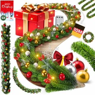 KESSER® Weihnachtsgirlande 10m mit Beleuchtung 200 LEDs - Timer - LED Kette 8 Leuchtmodi - Weihnachtsbeleuchtung - Weihnachtsdeko In & Outdoor - Tannen-Girlande inkl. Fernbedienung