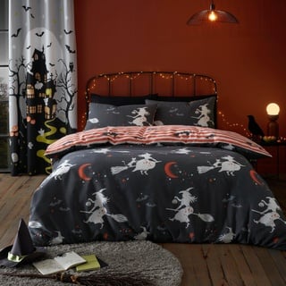 Bedlam - Halloween Hexen Bettwäsche - Einzelbett (140 x 200cm) - Wende-Design (2 Motive) - Leuchtet im Dunkeln - Hexen & Fledermäuse Bettwäsche - Ideal für Halloween Schlafzimmer Deko & Geschenke