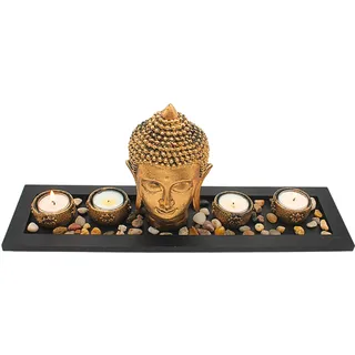 Komplettes Deko-Set mit 4 Teelichthalter und 1 Buddhakopf aus Keramik in Gold, auf Holztablett, inkl. Dekosteine, Größe Tablett L/B/H ca. 41 x 11,5 x 2 cm, Höhe Buddhakopf 17 cm