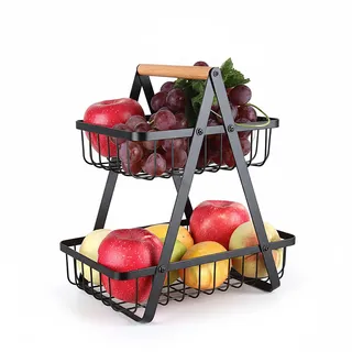 Relaxdays Obst Etagere, 2-stöckig, Metall, Holzgriff, HxBxT: 34 x 26 x 17 cm, Obst & Gemüse, eckige Obstschale, schwarz