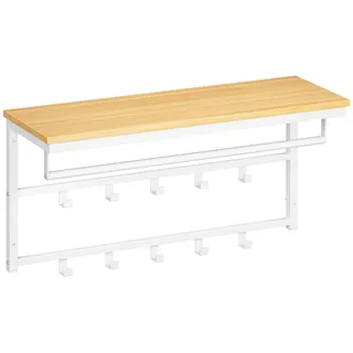 HOOBRO Wandgarderobe mit Ablage, Wandregal mit 10 Haken und Stangen, Wandmontiertes Hängeregal, 80 x 30 x 42 cm, für Wohnzimmer, Schlafzimmer, Badezimmer, Weiß und Natürliche Holzfarbe EWN12YM01