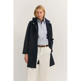 Wollmantel BUGATTI "Modern Fit", Damen, Gr. 38, schwarz (390, marine), 50% Viskose, 50% Wolle, unifarben, normal, normaler Saum, Mäntel Wollmantel, mit Kapuze & herausnehmbarer Weste