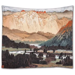 A.Monamour Wandteppich Alte Chinesische Stil Malerei Bäume Berglandschaft Tuch Mandala Boho Hippie Psychedelic Tapisserie Wandbehang Wanddekoration Modern Abstrakte Kunst