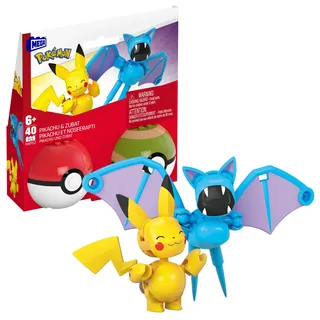 MEGA Pokémon Actionfigur Bauspielzeug-Set, zusammenbaubarer und beweglicher Pikachu und Zubat mit 40 Teilen und Pokébällen, für Kinder, HXP12