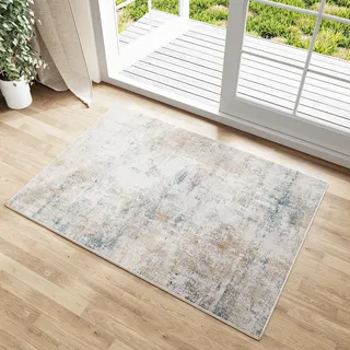 HUGEAR Waschbare Teppiche Gegend Kleiner Teppich 60 X 90cm Beige Blau Modern Abstrakt Eingangsbereich EingangstüR Teppisch rutschfest Kurzflor Weich Bettvorleger Küchen Carpet