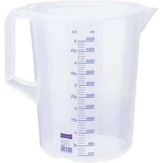 Hünersdorff Messbecher 5L mit Deckel, bruchsicher und lebensmittelbeständigem Polypropylen (PP), geschlossener Griff, 2 Skalen, transparent