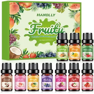 Hanolly Fruchtiges Ätherische Öle Set, 10 x 5ml Duftöle für Diffuser, Kerzen - Erdbeere, Heidelbeere‌, Äpfel, Trauben, Ananas, Pfirsiche, Kokosnuss, Wassermelonen, Mangos, Cantaloupe