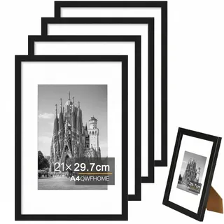 QWFHOME Schwarz Rahmen Schwarz Holz Rahmen A4 Bilderrahmen Set 21x30cm Größe zum Aufhängen und Aufstellen Gilt für Wand Groß Lifestyle Foto Collage Fotos Bilder(5Pcs)