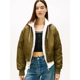 Bomberjacke TOMMY JEANS "TJW ESSENTIAL BOMBER JACKET", Damen, Gr. S (36), grün (tundra olive), Web, Obermaterial: 100% Nylon, unifarben, regular fit, Rippbündchen, Jacken Bomberjacke, Mit Reißverschlusstaschen an den Ärmeln