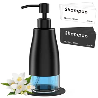 Anhow Seifenspender Schwarz, Seifenspender Glas mit Mattschwarzer 304 Edelstahl Pumpe Nachfüllbarer Pumpspender mit 1 Untersetzer/ 12pcs Etiketten Vintage-Soap Dispenser für Küche, Badezimmer