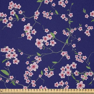 ABAKUHAUS japanisch Satin Stoff als Meterware, Blumen Hartriegel 'Milky Way' Natur Muster Orientalisch Asiatischer Design, 10 M (148 x 1000 cm), Farngrün Lila Puder Rosa - Grün