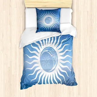 ABAKUHAUS Sonne Mantele, Crescent Moon Curlicues, Milbensicher Allergiker geeignet mit Kissenbezügen, 135 cm x 200 cm - 80 x 80 cm, Blau Weiss - Blau
