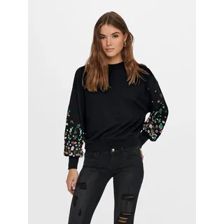 Sweatshirt ONLY "ONLBROOKE L/S O-NECK FLOWER SWT", Damen, Gr. S, schwarz (schwarz print:sleeve flower), Sweatware, Obermaterial: 60% Baumwolle, 40% Polyester, bedruckt, regular fit normal, Rundhals, Rippbündchen, Sweatshirts Sweatshirt, Baumwollmischung, regular fit