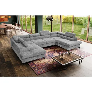 U-Form Polsterecke Sorento U 345 cm XXL Ecksofa große Schlafecke mit Bettkasten Kopfstützen Wohnlandschaft, Stoff: sally 08 - hellgrau - Hellgrau