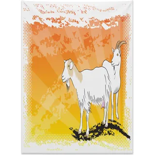 Abakuhaus Ziege Wandteppich, Gehörnte Säugetier-Tierranch aus Weiches Mikrofaser Stoff Kein Verblassen Klare Farben Waschbar, 110 x 150 cm, Orange Gelb Weiß