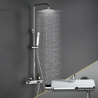 Görbach Regendusche Duschset mit Duscharmatur Komplettset, Wassersparend Edelstahl Duschsystem mit Thermostat, Überkopfbrause, Handbrause, Duschstange Chrom (2020CP)