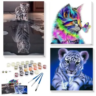 YFWUQI Malen nach Zahlen Erwachsene Tiere, Malen nach Zahlen ab 6 7 8 9 10 11 Jahre Mädchen Jungen Paint by Numbers Adult Malen nach Zahlen Kinder Teenager Malen nach Zahlen Katze Tiger Leinwand Set
