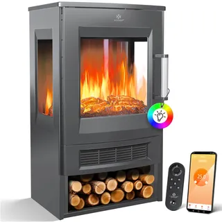 KESSER® Elektrokamin mit Heizung Panorama-Sichtfenster Heizlüfter 9 LED-Flammeneffekt Farbmodi Fernbedienung WiFi App 900/1800W Kaminfeuer elektrisch mit Thermostat Heizfunktion Timer